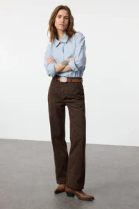 TRENDYOLMİLLA Multicolored Leopard Patterned Brown High Waist Wide Leg Wide Leg 100% Cotton jeans