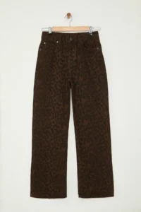 TRENDYOLMİLLA Multicolored Leopard Patterned Brown High Waist Wide Leg Wide Leg 100% Cotton jeans - Image 6