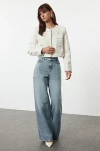 TRENDYOLMİLLA Mavi High Waist Ekstra Wide Leg Palazzo Pants Wide Leg 100% Cotton Non-Stretch jeans