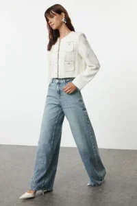TRENDYOLMİLLA Mavi High Waist Ekstra Wide Leg Palazzo Pants Wide Leg 100% Cotton Non-Stretch jeans - Image 2