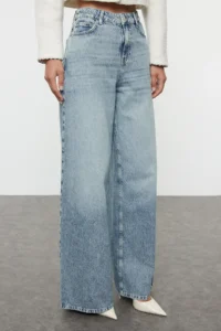 TRENDYOLMİLLA Mavi High Waist Ekstra Wide Leg Palazzo Pants Wide Leg 100% Cotton Non-Stretch jeans - Image 3