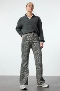 TRENDYOLMİLLA Multicolored Leopard Patterned Brown High Waist Middle Flexible Wide Leg jeans - Image 5