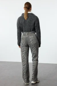 TRENDYOLMİLLA Multicolored Leopard Patterned Brown High Waist Middle Flexible Wide Leg jeans - Image 9