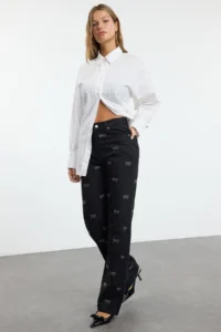 TRENDYOLMİLLA Black Bow/Ribbon Detailed Stone High Waist Wide Leg jeans - Image 2