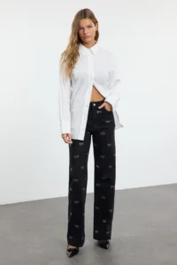 TRENDYOLMİLLA Black Bow/Ribbon Detailed Stone High Waist Wide Leg jeans - Image 3
