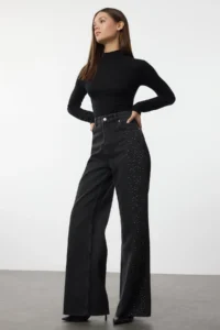 TRENDYOLMİLLA Black Stone High Waist Wide Leg Wide Leg 100% Cotton Non-Stretch jeans