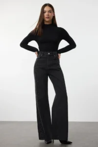 TRENDYOLMİLLA Black Stone High Waist Wide Leg Wide Leg 100% Cotton Non-Stretch jeans - Image 2