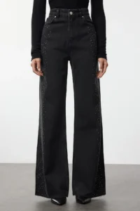TRENDYOLMİLLA Black Stone High Waist Wide Leg Wide Leg 100% Cotton Non-Stretch jeans - Image 3