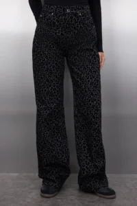 TRENDYOLMİLLA Black Suede Look Leopard Patterned High Waist Wide Leg jeans - Image 2