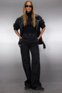 TRENDYOLMİLLA Black Suede Look Leopard Patterned High Waist Wide Leg jeans - Image 3