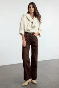 TRENDYOLMİLLA Brown Suede Look Leopard Patterned High Waist Wide Leg jeans - Image 3