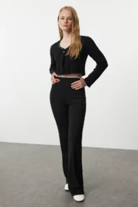 TRENDYOLMİLLA Black Wide Leg/flared leg High Waist interlock Flexible Knitting Pants - Image 2