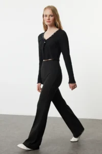 TRENDYOLMİLLA Black Wide Leg/flared leg High Waist interlock Flexible Knitting Pants - Image 3