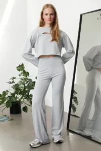 TRENDYOLMİLLA Gray Melanj Wide Leg/flared leg High Waist interlock Flexible Knitting Pants