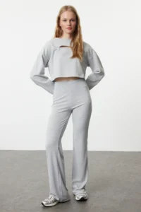 TRENDYOLMİLLA Gray Melanj Wide Leg/flared leg High Waist interlock Flexible Knitting Pants - Image 2