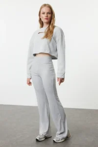TRENDYOLMİLLA Gray Melanj Wide Leg/flared leg High Waist interlock Flexible Knitting Pants - Image 3