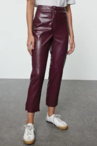 TRENDYOLMİLLA Burgundy Faux Leather Cigarette Zippered Weaving Pants - Image 2