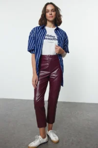 TRENDYOLMİLLA Burgundy Faux Leather Cigarette Zippered Weaving Pants - Image 3
