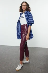 TRENDYOLMİLLA Burgundy Faux Leather Cigarette Zippered Weaving Pants - Image 4
