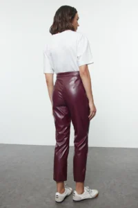 TRENDYOLMİLLA Burgundy Faux Leather Cigarette Zippered Weaving Pants - Image 6