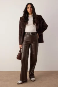 TRENDYOLMİLLA Brown relaxed/Rahat Straight/Pipe Both Sewing Detailed Knitting Leather Pants