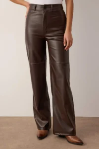 TRENDYOLMİLLA Brown relaxed/Rahat Straight/Pipe Both Sewing Detailed Knitting Leather Pants - Image 3