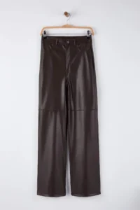 TRENDYOLMİLLA Brown relaxed/Rahat Straight/Pipe Both Sewing Detailed Knitting Leather Pants - Image 5