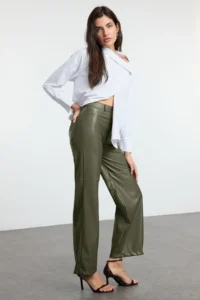 TRENDYOLMİLLA Khaki relaxed/Rahat Straight/Pipe Both Sewing Detailed Knitting Leather Pants