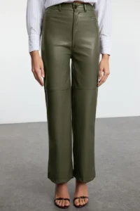 TRENDYOLMİLLA Khaki relaxed/Rahat Straight/Pipe Both Sewing Detailed Knitting Leather Pants - Image 2