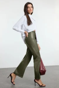 TRENDYOLMİLLA Khaki relaxed/Rahat Straight/Pipe Both Sewing Detailed Knitting Leather Pants - Image 3