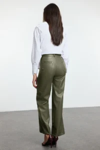 TRENDYOLMİLLA Khaki relaxed/Rahat Straight/Pipe Both Sewing Detailed Knitting Leather Pants - Image 5
