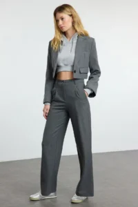 TRENDYOLMİLLA Gray Wide Leg Wide Leg pleated Weaving Pants - Image 2
