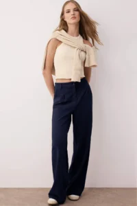 TRENDYOLMİLLA Dark Navy Pilili Wide Leg/Wide Leg Pants