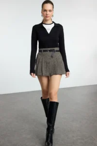 TRENDYOLMiLLA Multicolored Belt Detailed Wool Content Weaving Skirt Look Shorts