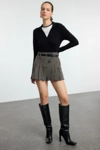 TRENDYOLMiLLA Multicolored Belt Detailed Wool Content Weaving Skirt Look Shorts - Image 2