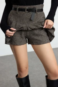 TRENDYOLMiLLA Multicolored Belt Detailed Wool Content Weaving Skirt Look Shorts - Image 3