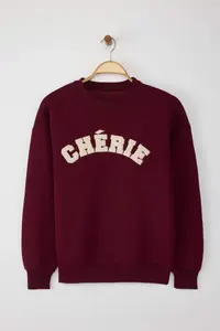 TRENDYOLMİLLA Burgundy Thick Oversized/Comfortable Cut Slogan Embroidered Knitting Sweatshirt with Fleece Inside - Image 6
