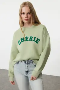 TRENDYOLMİLLA MINT Thick Fleece Inside Slogan Embroidered Oversized/Comfortable Cut Knitting Sweatshirt - Image 2