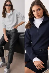TRENDYOLMİLLA Navy Blue-Gray 2 Sets Paket Thessaloniki Regular/Normal Pattern Zippered Collar Knitting Sweatshirt