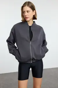 TRENDYOLMİLLA Anthracite Zippered Oversized/Wide Pattern Thick Fleece Inside Knitting Sweatshirt