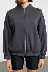 TRENDYOLMİLLA Anthracite Zippered Oversized/Wide Pattern Thick Fleece Inside Knitting Sweatshirt - Image 3