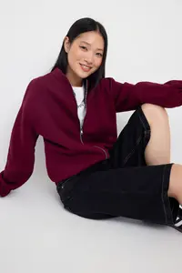 TRENDYOLMİLLA Teen Dark Burgundy Zippered Oversized/Wide Pattern Thick Fleece Inside Knitting Sweatshirt