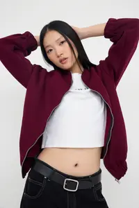 TRENDYOLMİLLA Teen Dark Burgundy Zippered Oversized/Wide Pattern Thick Fleece Inside Knitting Sweatshirt - Image 2