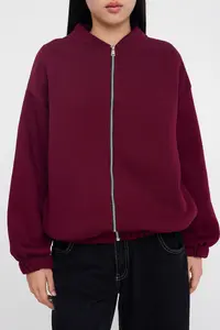 TRENDYOLMİLLA Teen Dark Burgundy Zippered Oversized/Wide Pattern Thick Fleece Inside Knitting Sweatshirt - Image 3