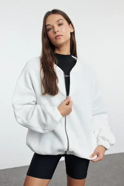 TRENDYOLMİLLA Ecru Zippered Oversized/Wide Pattern Thick Knitting Sweatshirt with Fleece Inside