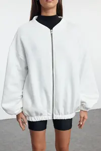 TRENDYOLMİLLA Ecru Zippered Oversized/Wide Pattern Thick Knitting Sweatshirt with Fleece Inside - Image 3