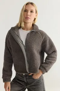 TRENDYOLMİLLA Anthracite Plush Regular/Normal Pattern Weaving Garnili Zippered Thick Knitting Sweatshirt - Image 2