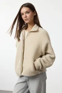 TRENDYOLMİLLA Stone Plush Regular/Normal Pattern Weaving Garnili Zippered Thick Knitting Sweatshirt