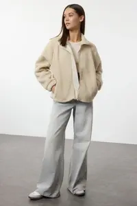 TRENDYOLMİLLA Stone Plush Regular/Normal Pattern Weaving Garnili Zippered Thick Knitting Sweatshirt - Image 2