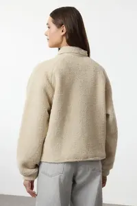 TRENDYOLMİLLA Stone Plush Regular/Normal Pattern Weaving Garnili Zippered Thick Knitting Sweatshirt - Image 5
